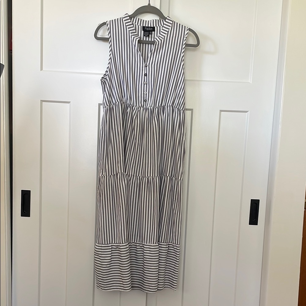 Gray and White Striped Sleeveless Dress